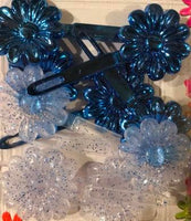 Blue and glitter flower hair barrettes for kids