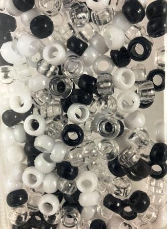 Navy blue, white and clear hair beads